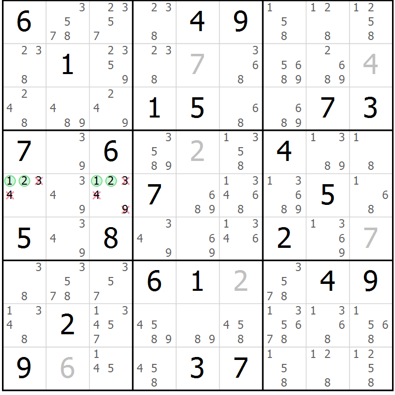 Position des candidats pour la solution de la Gr 48 page 51 du magazine de sudoku Maestro n° 097