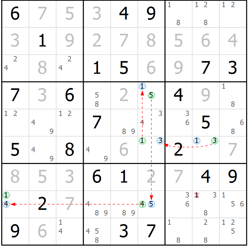 Position des candidats pour la solution de la Gr 48 page 51 du magazine de sudoku Maestro n° 097