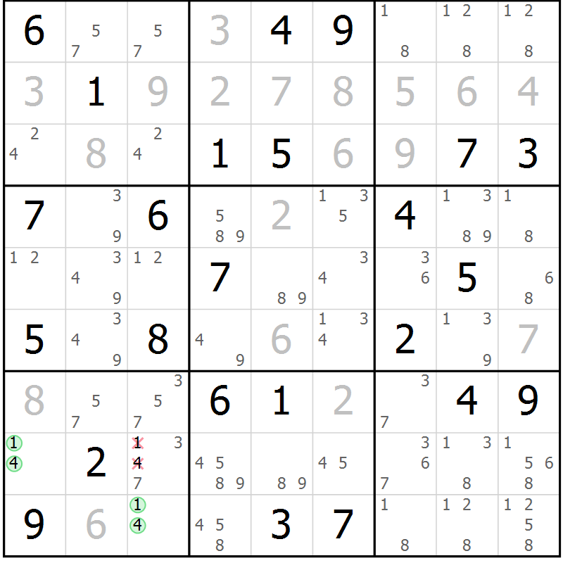 Position des candidats pour la solution de la Gr 48 page 51 du magazine de sudoku Maestro n° 097