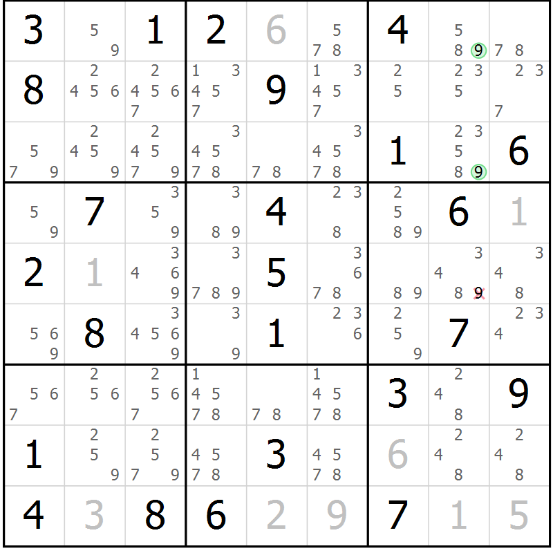 Position des candidats pour la solution de la Gr 49 page 52 du magazine de sudoku Maestro n° 097