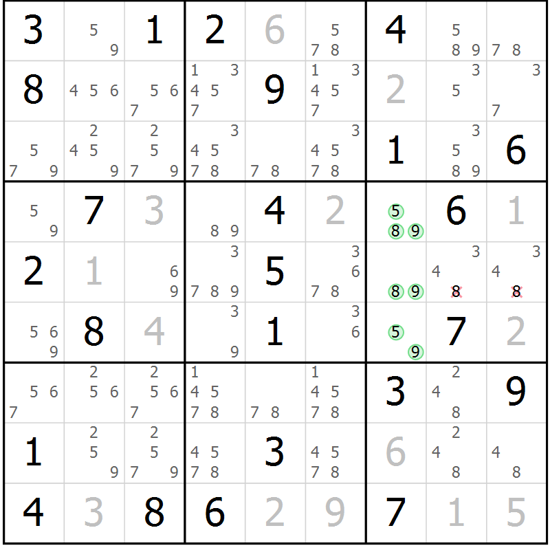 Position des candidats pour la solution de la Gr 49 page 52 du magazine de sudoku Maestro n° 097