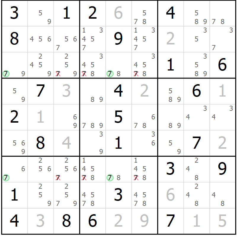 Position des candidats pour la solution de la Gr 49 page 52 du magazine de sudoku Maestro n° 097
