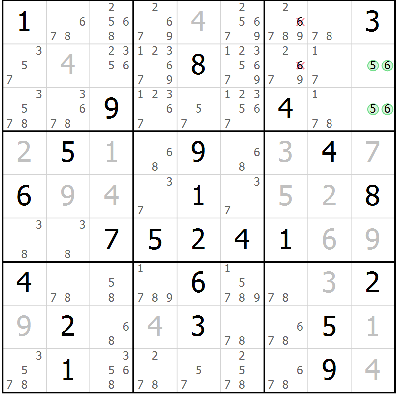 Position des candidats pour la solution de la Gr 5 page 8 du magazine de sudoku Maestro n° 097