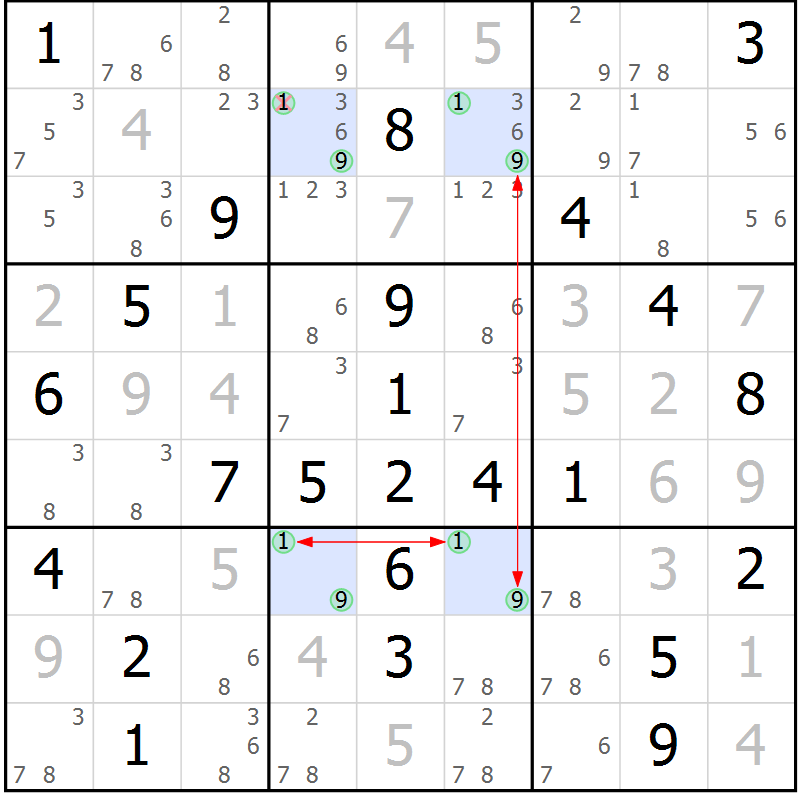 Position des candidats pour la solution de la Gr 5 page 8 du magazine de sudoku Maestro n° 097