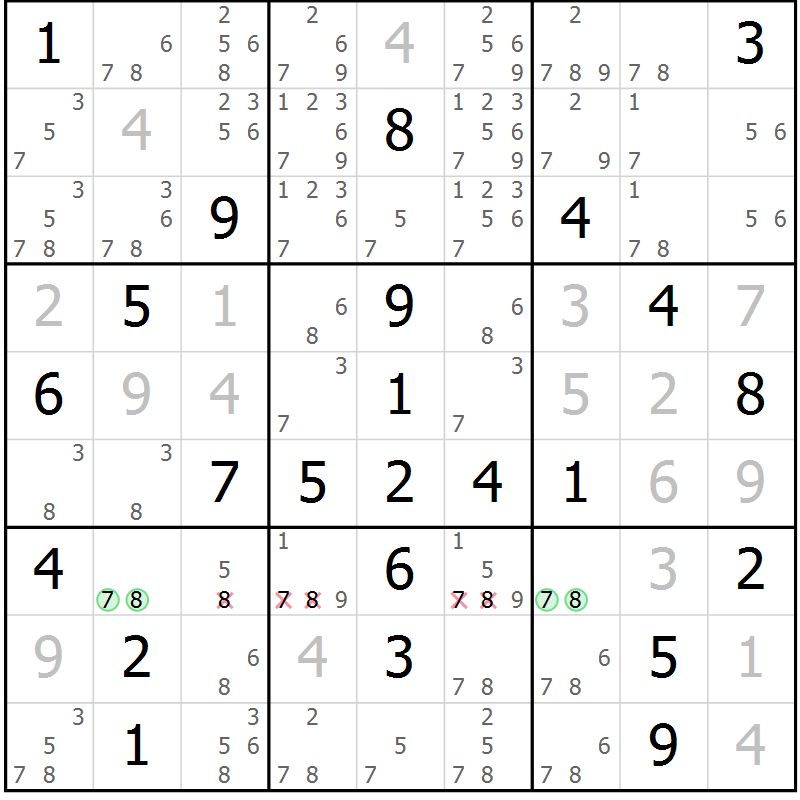 Position des candidats pour la solution de la Gr 5 page 8 du magazine de sudoku Maestro n° 097