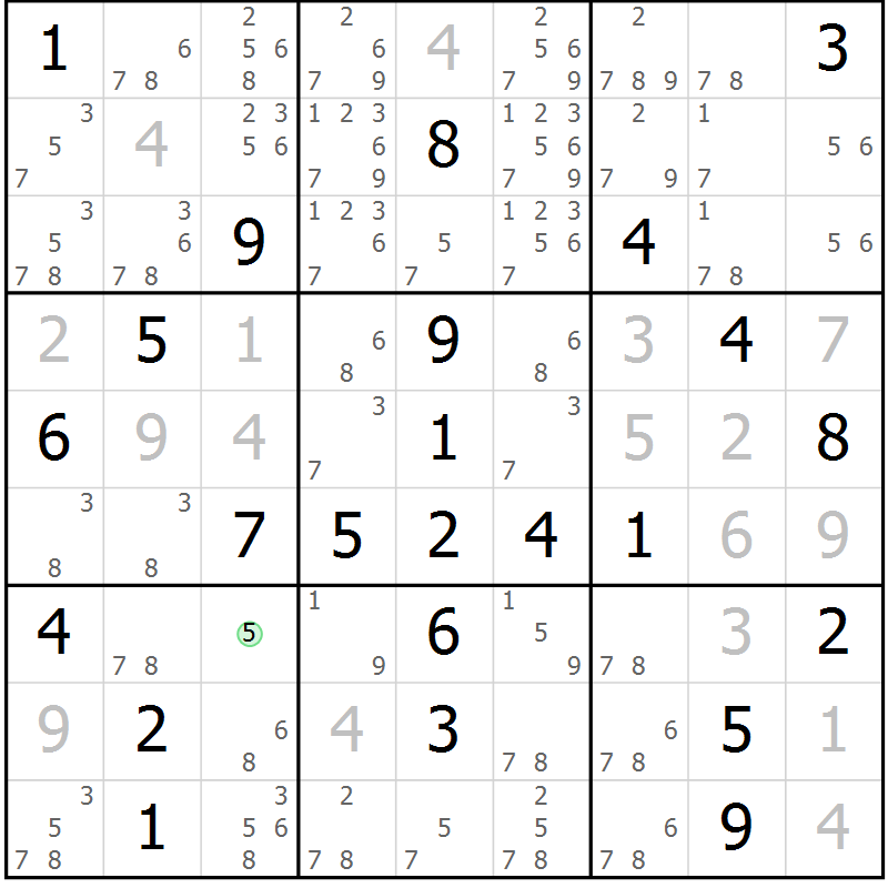 Position des candidats pour la solution de la Gr 5 page 8 du magazine de sudoku Maestro n° 097