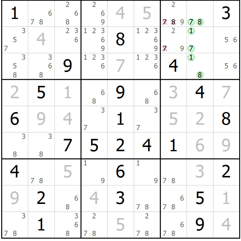 Position des candidats pour la solution de la Gr 5 page 8 du magazine de sudoku Maestro n° 097