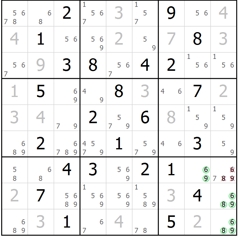 Position des candidats pour la solution de la Gr 51 page 54 du magazine de sudoku Maestro n° 097