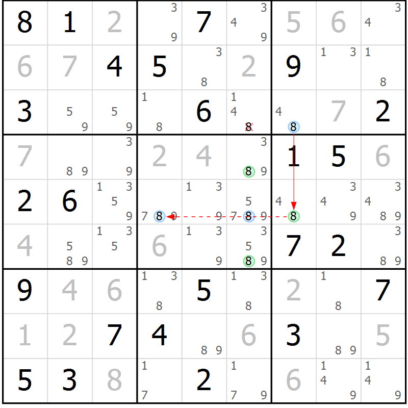 Position des candidats pour la solution de la Gr 52 page 55 du magazine de sudoku Maestro n° 097