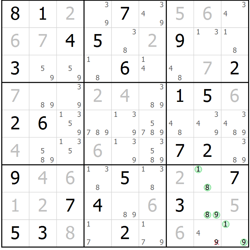 Position des candidats pour la solution de la Gr 52 page 55 du magazine de sudoku Maestro n° 097
