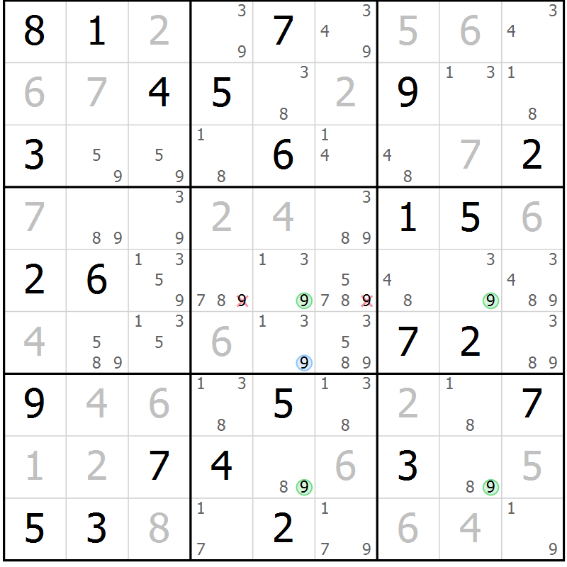 Position des candidats pour la solution de la Gr 52 page 55 du magazine de sudoku Maestro n° 097