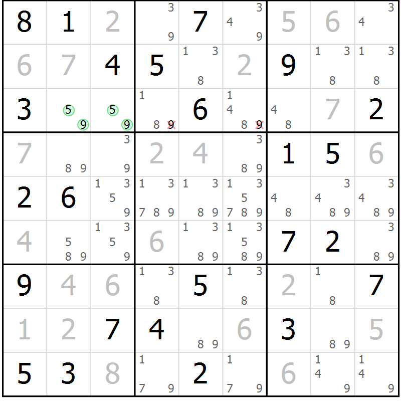 Position des candidats pour la solution de la Gr 52 page 55 du magazine de sudoku Maestro n° 097