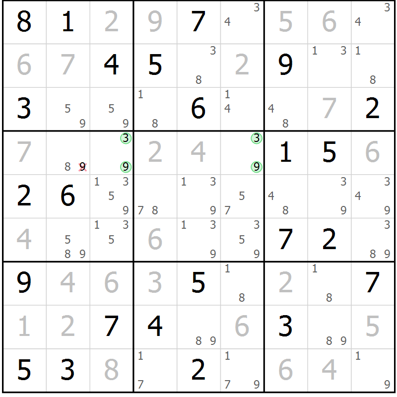 Position des candidats pour la solution de la Gr 52 page 55 du magazine de sudoku Maestro n° 097