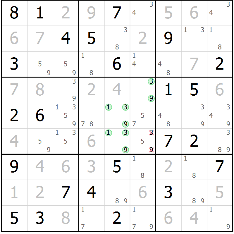 Position des candidats pour la solution de la Gr 52 page 55 du magazine de sudoku Maestro n° 097