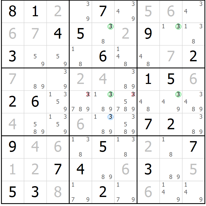 Position des candidats pour la solution de la Gr 52 page 55 du magazine de sudoku Maestro n° 097
