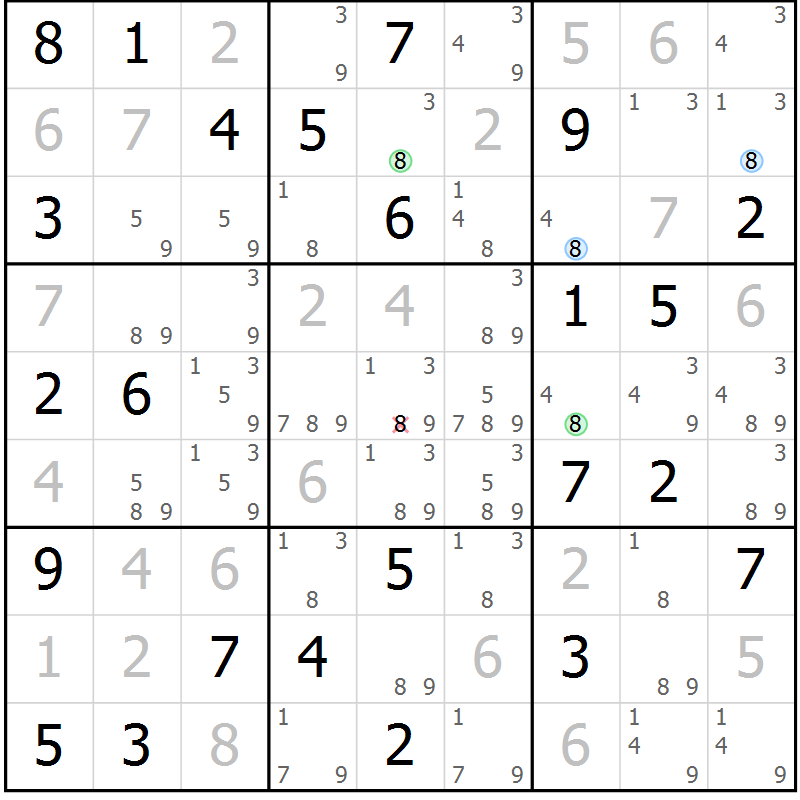 Position des candidats pour la solution de la Gr 52 page 55 du magazine de sudoku Maestro n° 097