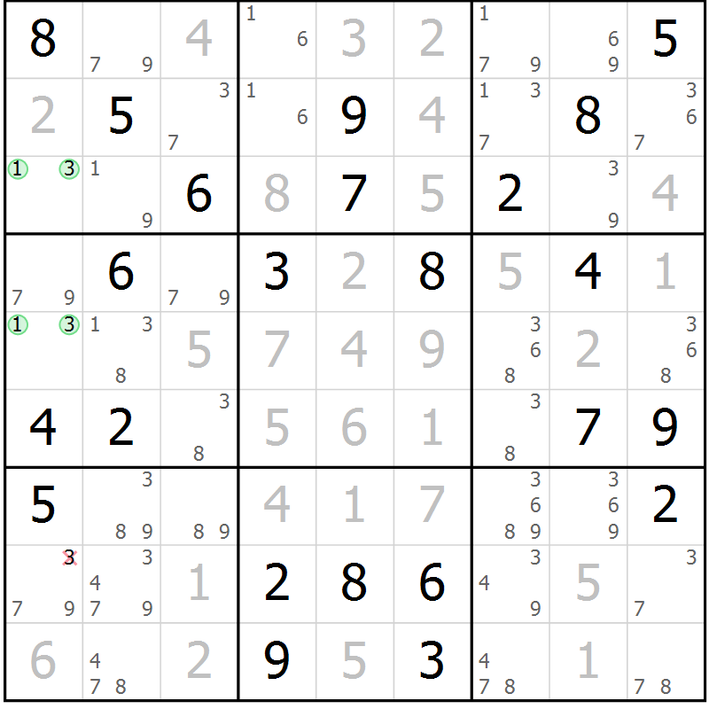 Position des candidats pour la solution de la Gr 53 page 56 du magazine de sudoku Maestro n° 097