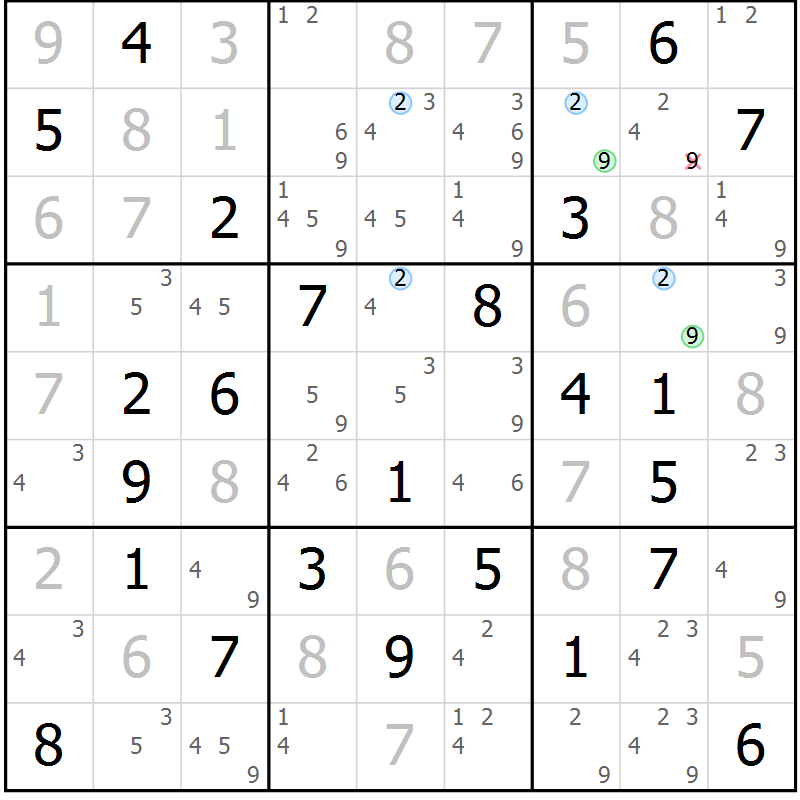 Position des candidats pour la solution de la Gr 55 page 58 du magazine de sudoku Maestro n° 097
