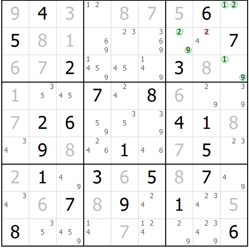 Position des candidats pour la solution de la Gr 55 page 58 du magazine de sudoku Maestro n° 097