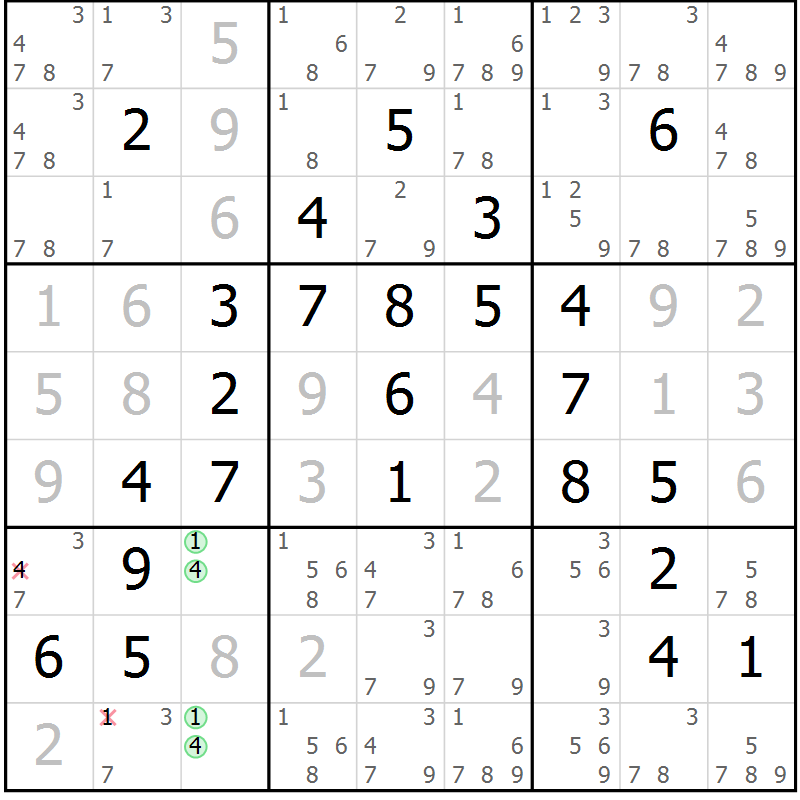 Position des candidats pour la solution de la Gr 56 page 59 du magazine de sudoku Maestro n° 097