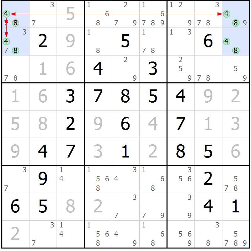 Position des candidats pour la solution de la Gr 56 page 59 du magazine de sudoku Maestro n° 097