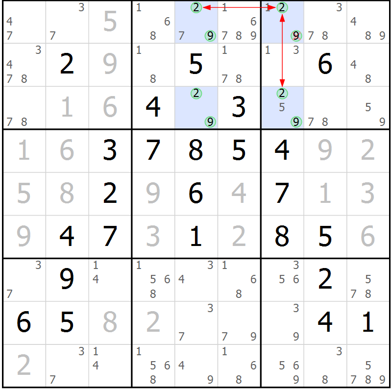 Position des candidats pour la solution de la Gr 56 page 59 du magazine de sudoku Maestro n° 097