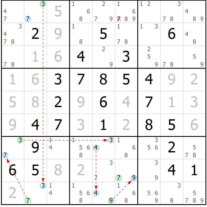 Position des candidats pour la solution de la Gr 56 page 59 du magazine de sudoku Maestro n° 097