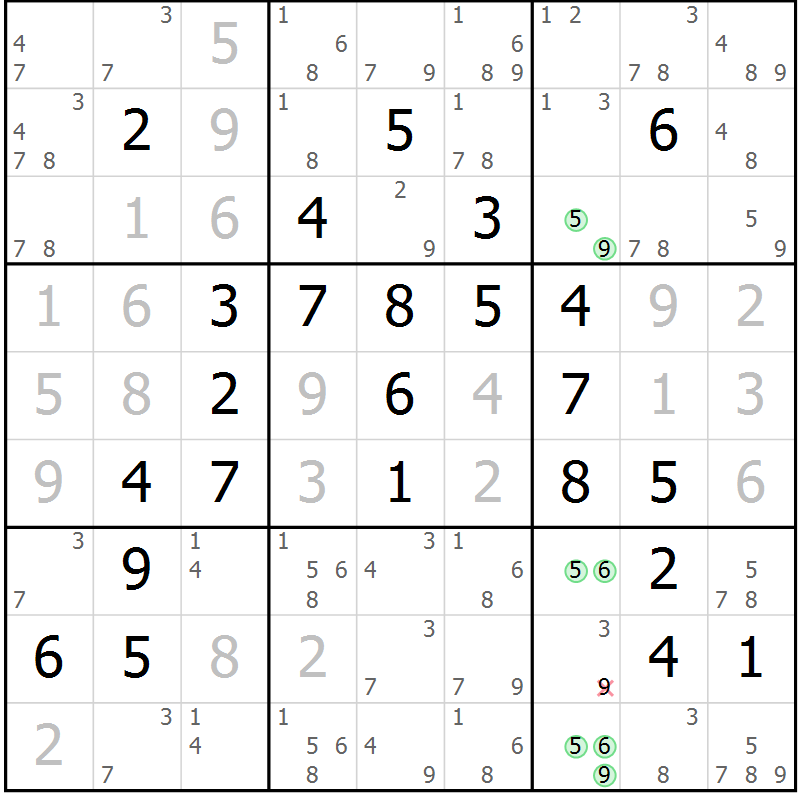 Position des candidats pour la solution de la Gr 56 page 59 du magazine de sudoku Maestro n° 097