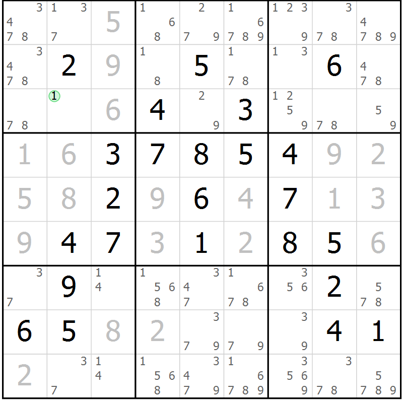 Position des candidats pour la solution de la Gr 56 page 59 du magazine de sudoku Maestro n° 097