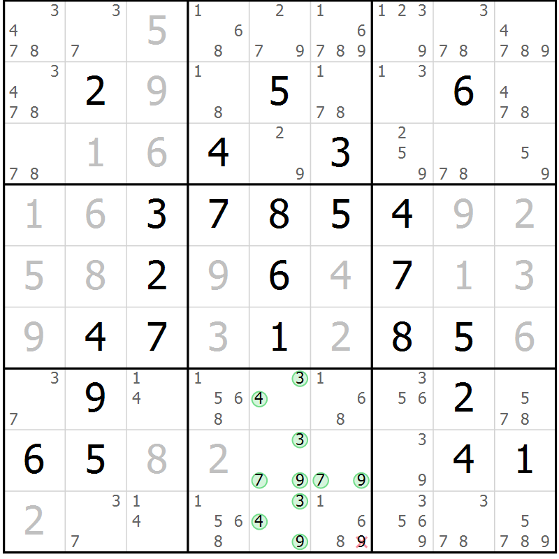 Position des candidats pour la solution de la Gr 56 page 59 du magazine de sudoku Maestro n° 097