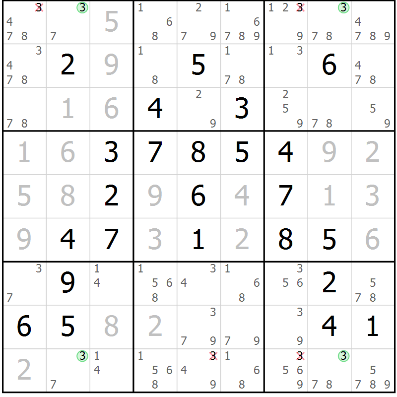 Position des candidats pour la solution de la Gr 56 page 59 du magazine de sudoku Maestro n° 097