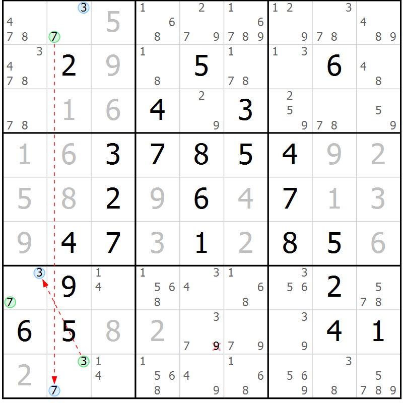 Position des candidats pour la solution de la Gr 56 page 59 du magazine de sudoku Maestro n° 097
