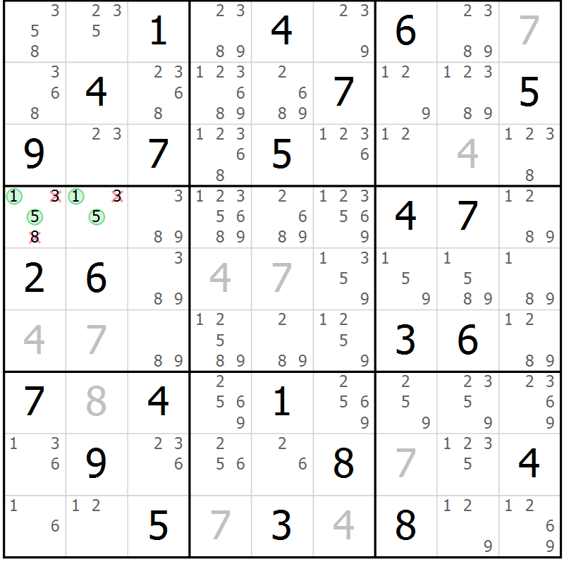 Position des candidats pour la solution de la Gr 57 page 60 du magazine de sudoku Maestro n° 097