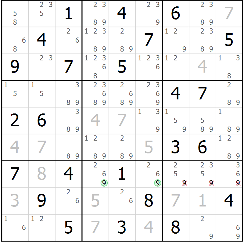Position des candidats pour la solution de la Gr 57 page 60 du magazine de sudoku Maestro n° 097