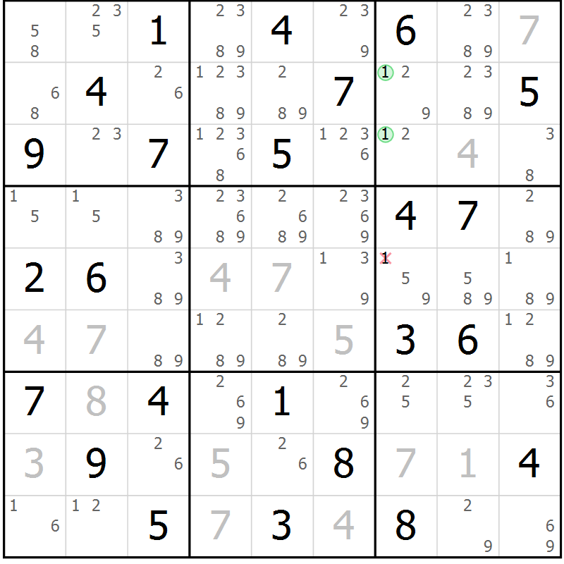 Position des candidats pour la solution de la Gr 57 page 60 du magazine de sudoku Maestro n° 097