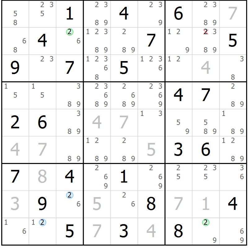 Position des candidats pour la solution de la Gr 57 page 60 du magazine de sudoku Maestro n° 097