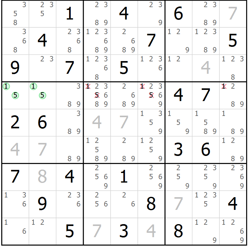 Position des candidats pour la solution de la Gr 57 page 60 du magazine de sudoku Maestro n° 097