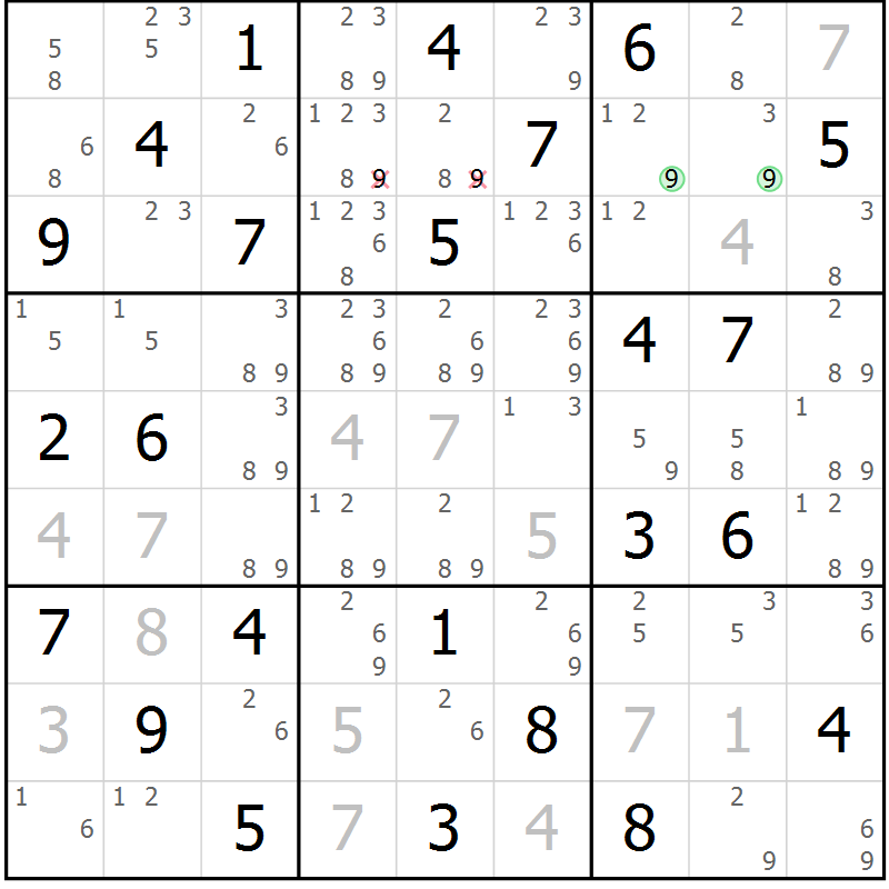 Position des candidats pour la solution de la Gr 57 page 60 du magazine de sudoku Maestro n° 097