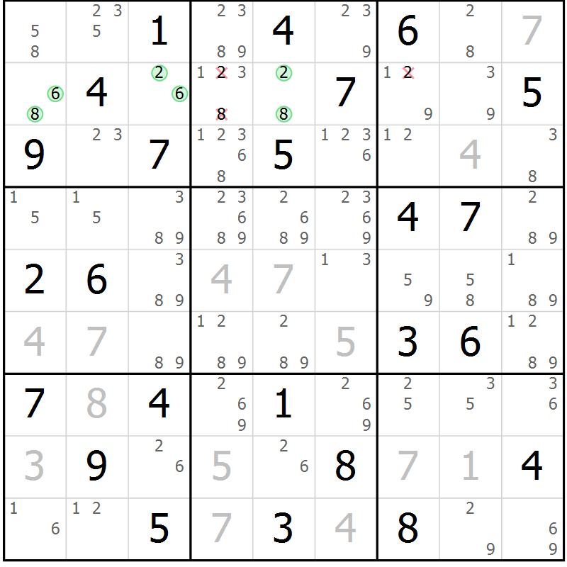 Position des candidats pour la solution de la Gr 57 page 60 du magazine de sudoku Maestro n° 097