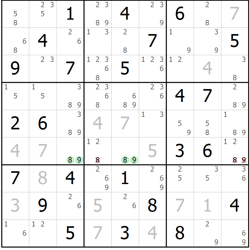 Position des candidats pour la solution de la Gr 57 page 60 du magazine de sudoku Maestro n° 097