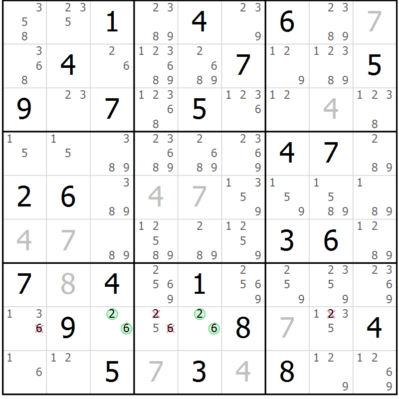 Position des candidats pour la solution de la Gr 57 page 60 du magazine de sudoku Maestro n° 097