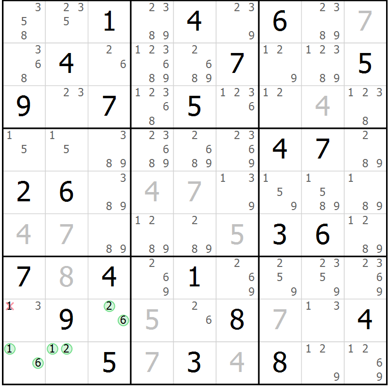 Position des candidats pour la solution de la Gr 57 page 60 du magazine de sudoku Maestro n° 097