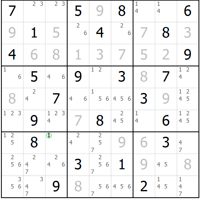 Position des candidats pour la solution de la Gr 58 page 61 du magazine de sudoku Maestro n° 097