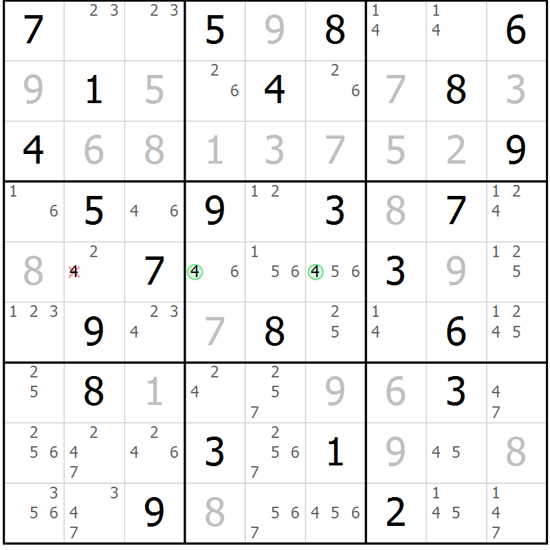 Position des candidats pour la solution de la Gr 58 page 61 du magazine de sudoku Maestro n° 097