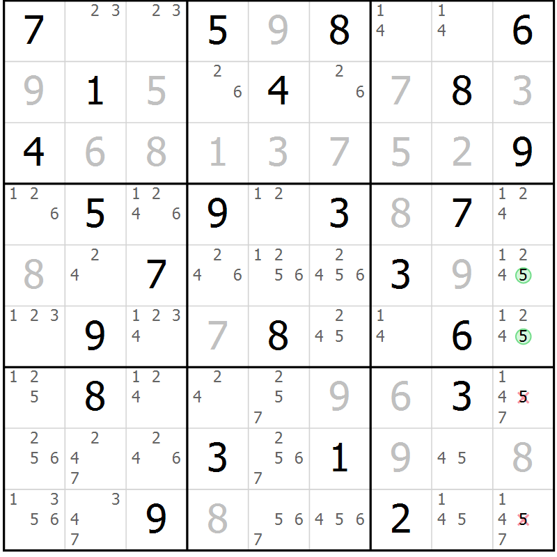 Position des candidats pour la solution de la Gr 58 page 61 du magazine de sudoku Maestro n° 097