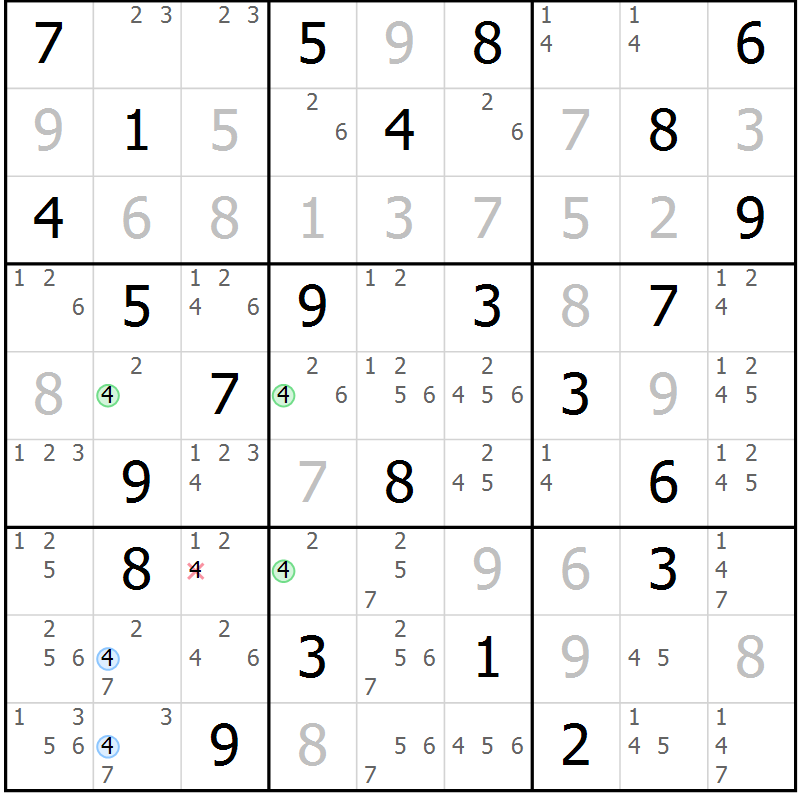 Position des candidats pour la solution de la Gr 58 page 61 du magazine de sudoku Maestro n° 097