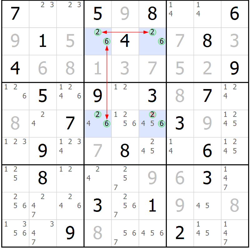 Position des candidats pour la solution de la Gr 58 page 61 du magazine de sudoku Maestro n° 097