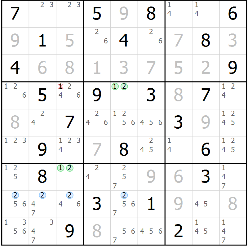 Position des candidats pour la solution de la Gr 58 page 61 du magazine de sudoku Maestro n° 097