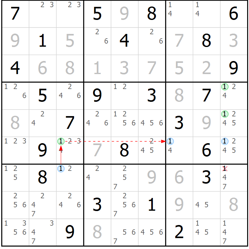 Position des candidats pour la solution de la Gr 58 page 61 du magazine de sudoku Maestro n° 097