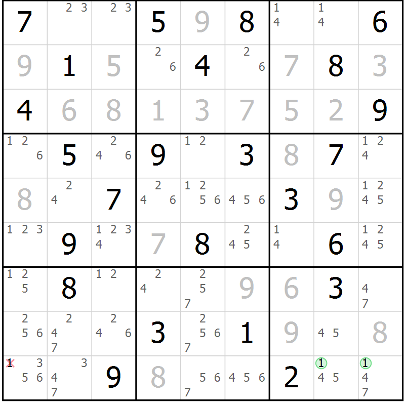 Position des candidats pour la solution de la Gr 58 page 61 du magazine de sudoku Maestro n° 097